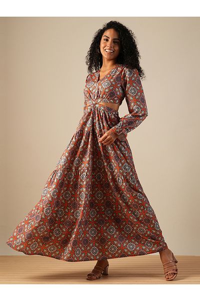 Globus By Styli Women All-Over Print V Neck Tiered Maxi Dress with Cut Out Detail