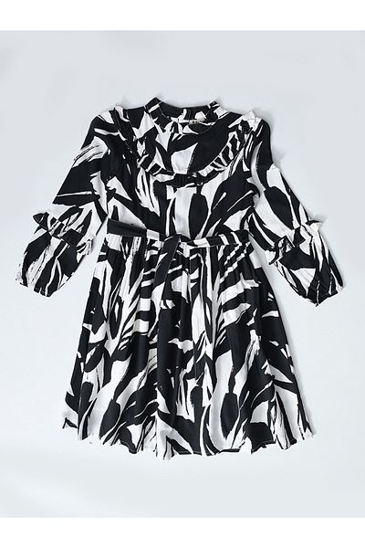 Bella Moda By Styli Abstract Print Mandarin Collar Cotton Dress with Ruffle Trim