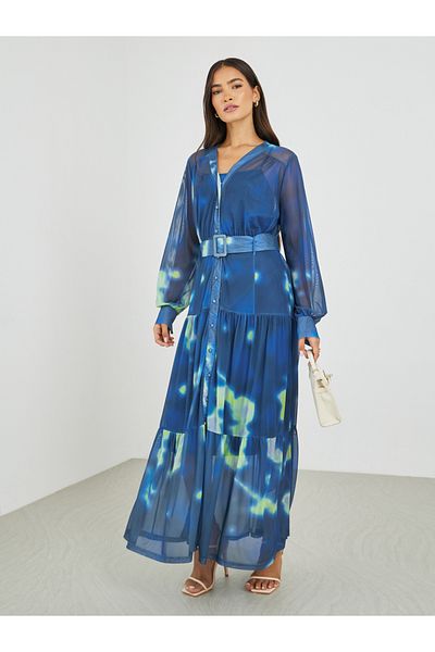 Styli Tie and Dye Print V Neck Shirt Maxi Dress with Belt