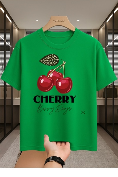 MEİLİFENG Tricou unisex din bumbac, supradimensionat, cu imprimeu Cherry Bery...
