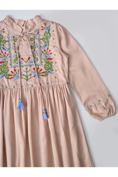 Bella Moda By Styli Embroidered Tie-Up Neck Knee-Length Dress