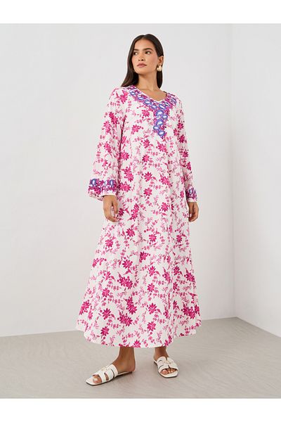 Keenly By Styli Floral Print Embroidered Long Sleeve Jalabiya