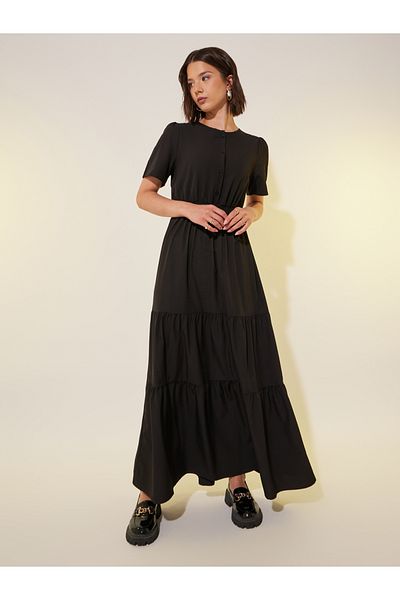 Styli Solid Smocked Waist Puff Sleeves Tiered Maxi Dress