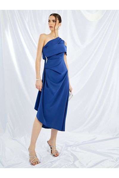 Keenly By Styli Embellished One Shoulder Asymmetric Hem Midi Dress