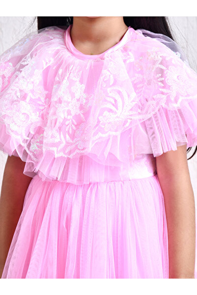 Bella Moda By Styli Embroidered Flutter Sleeves Mesh Knee-Length Dress