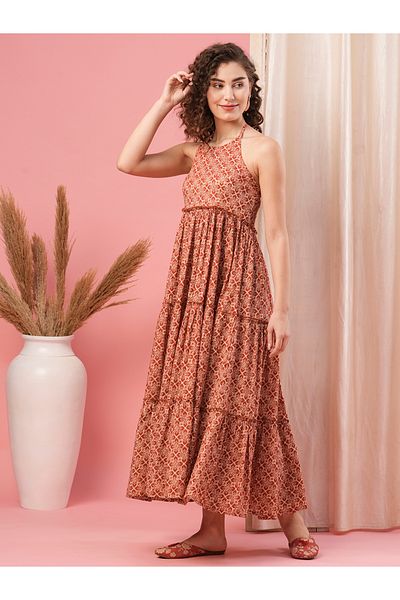 Globus By Styli Women Red All-Over Print Strappy Tiered Maxi Dress