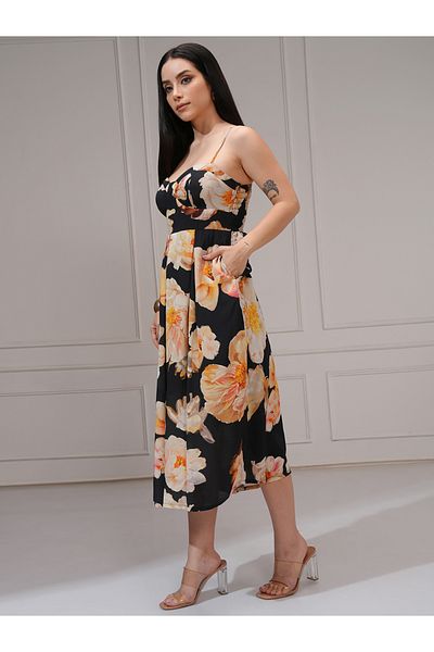 Vishudh By Styli Floral Print Pleated Strappy A-Line Midi Dress