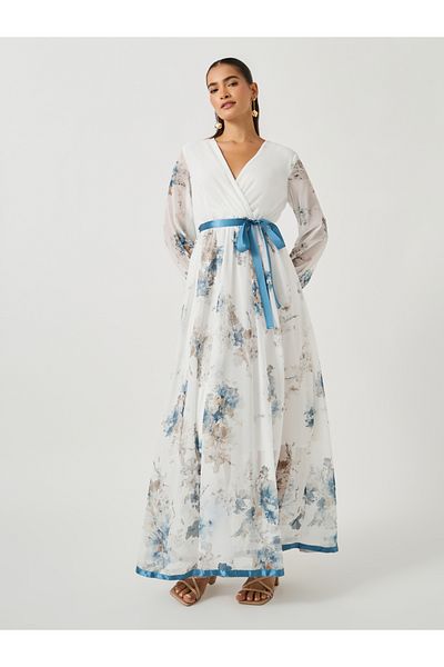 Styli Women White Floral Print V Neck A-Line Maxi Dress with Ribbon Tie Detail