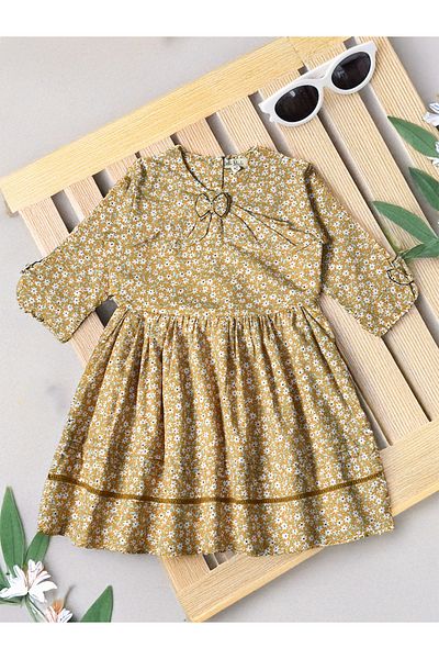 Bella Moda By Styli Floral Print Gathered Cotton Dress with Bow Detail