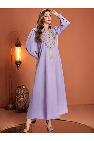 Take Two By Styli Flora Embroidered Lantern Sleeve Maxi Jalabiya Dress