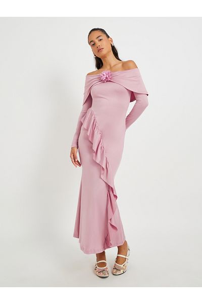 Styli Solid Off Shoulder Mermaid Maxi Dress with Corsage Detail