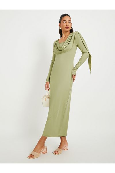 Styli Women Green Solid Long Sleeves Sheath Midi Dress with Gathered Overlay