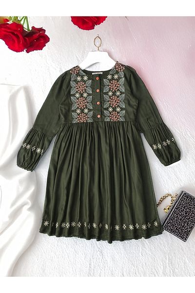 Bella Moda By Styli Embroidered 3/4 Sleeves Cotton Dress with Button Front