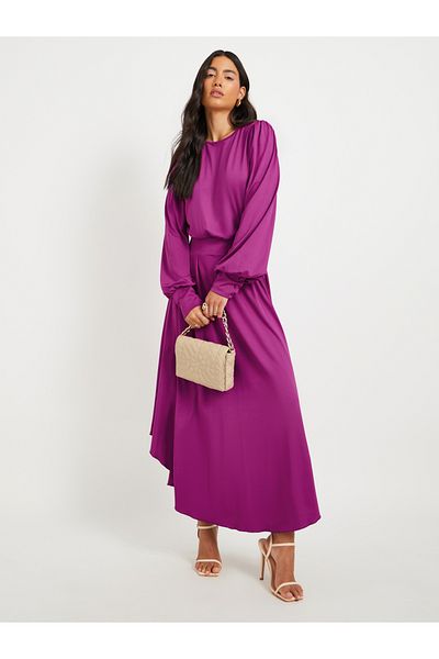 Styli Women Purple Solid Pleated Asymmetric Hem A-Line Midi Dress