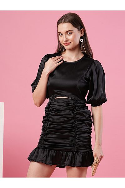 Globus By Styli Women Black Solid Satin Puff Sleeves Ruched Sheath Mini Dress