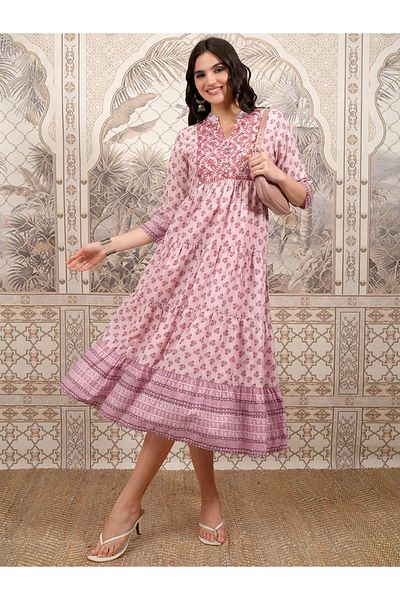 Vishudh By Styli Women Pink Ethnic Motifs Printed A-Line Midi Dress