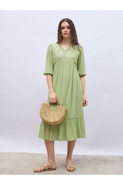 Styli Embroidered V Neck A-Line Midi Dress