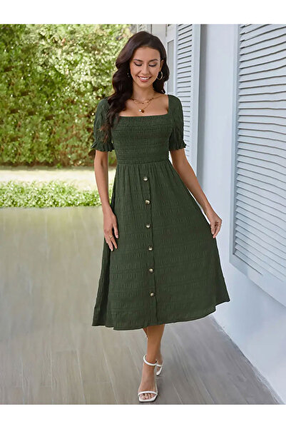 Take Two By Styli Solid Short Sleeve Knee Length Dress with Smocked Detail