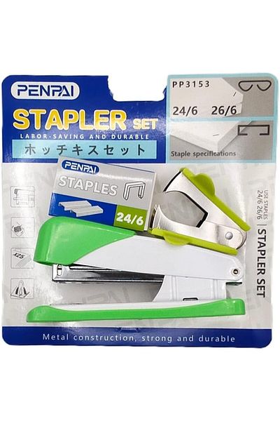 PHINDBOOKS Penpai Stapler Set with 24/6 and 26/6 Staples, Metal Construction, Green and White
