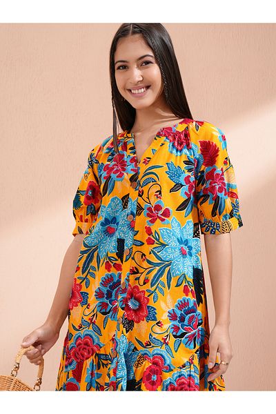 Vishudh By Styli Women Floral Print Puff Sleeves Cotton A-Line Mini Dress