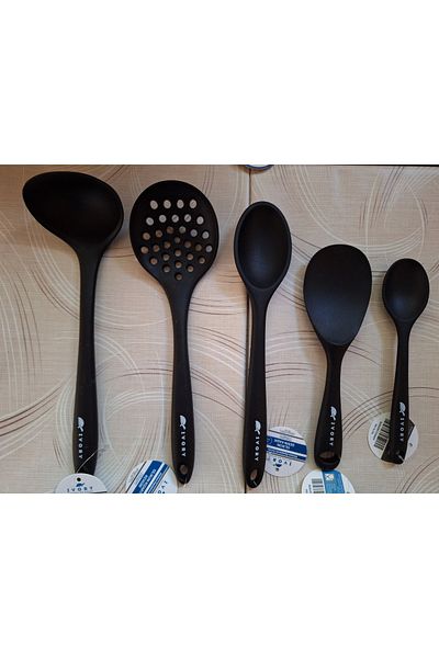 EMPA A V M Ivory Fireproof Non-Stick 5' Black Spoon Ladder Colander Set