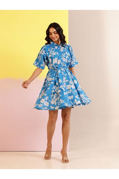 Sanskrutihomes By Styli Blue Floral Print Collared Cotton A-Line Mini Dress