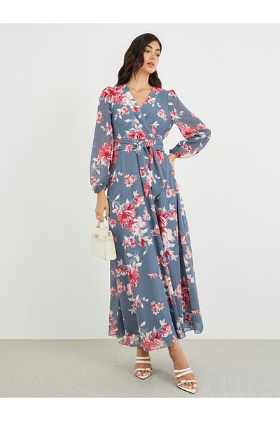 Styli Floral Print V Neck Chiffon A-Line Maxi Dress