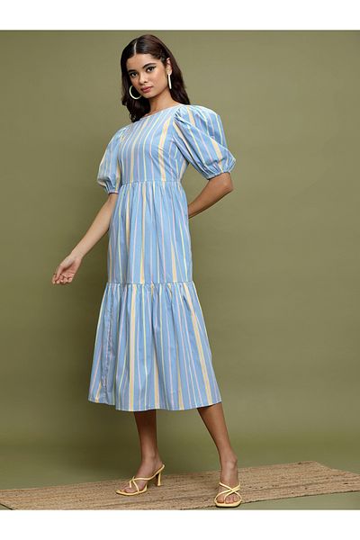 Vishudh By Styli Women Blue Striped Puff Sleeves A-Line Midi Dress