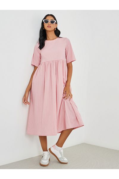 Take Two By Styli Solid Short Sleeve Round Neck A-Line Midi Dress