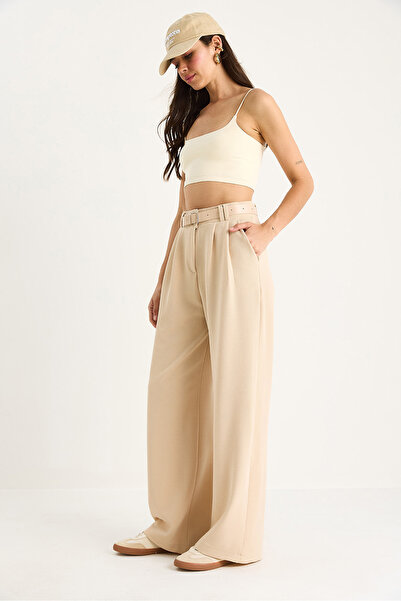 Bianco Lucci Women's Double Pleat Detailed Belted Knitted Trousers 3851 60261449