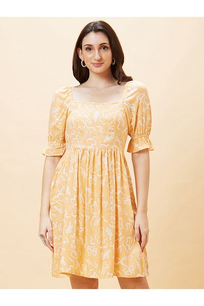 Globus By Styli Women Peach Floral Printed Square Neck A-Line Mini Dress