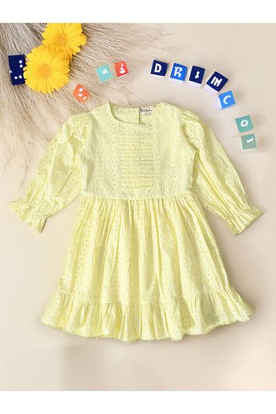 Bella Moda By Styli Solid Schiffli Pintuck Detail Dress with 3/4 Sleeves