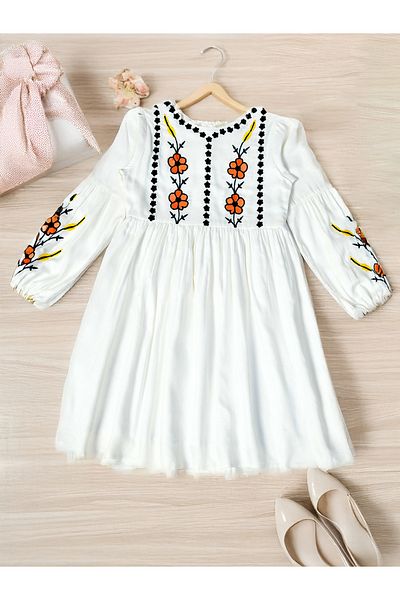 Bella Moda By Styli Floral Embroidered Round Neck Knee-Length Dress
