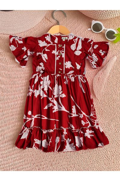 Bella Moda By Styli Floral Print Short SleeveÂ Cotton Dress with Ruffle Trim