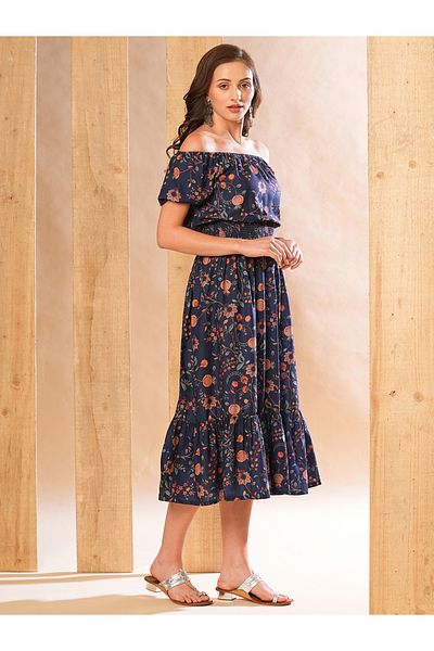 Globus By Styli Women Blue Floral Printed Smocked Waist A-Line Midi Dress