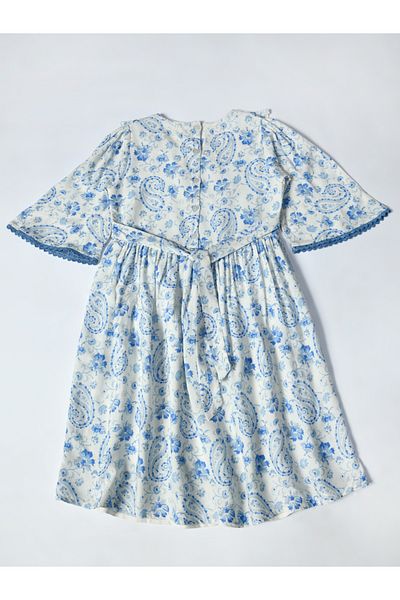 Bella Moda By Styli All-Over Print Lace Trim Cotton Dress with 3/4 Sleeves