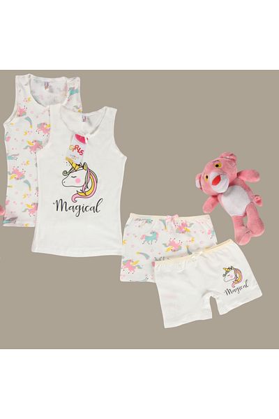 elmas kids Girl's 100% Cotton Unicorn Patterned 2-Piece Undershirt and 2-Piece Boxer Set