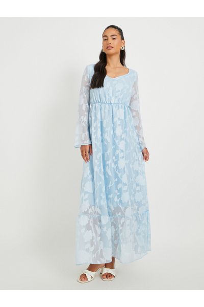 Styli Jacquard Gathered Waist Long Sleeve V-Neck Maxi Dress