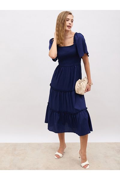 Styli Square Neck Smocked Tiered Midi Dress