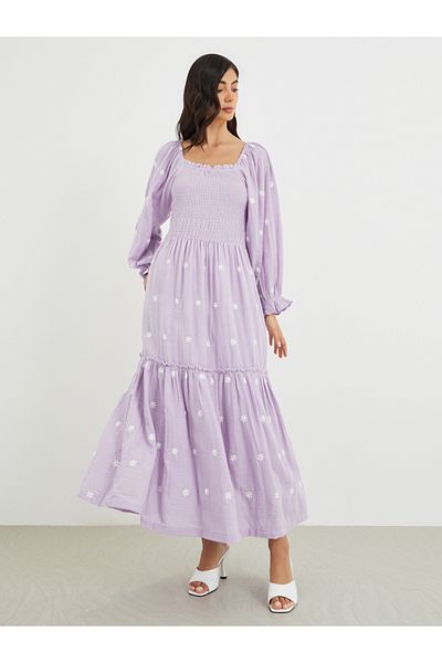 Styli Floral Embroidered Smocked A-Line Midi Dress