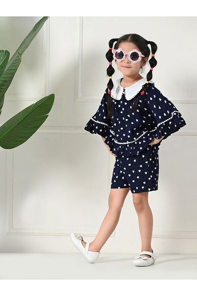 Bella Moda By Styli Heart Printed Lace Detail Top and Shorts Set