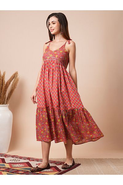 Globus By Styli Women Red Floral Printed Tie Sleeves A-Line Midi Dress