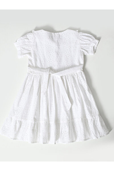 Bella Moda By Styli Solid Schiffli Puff Sleeves Dress with Button Front