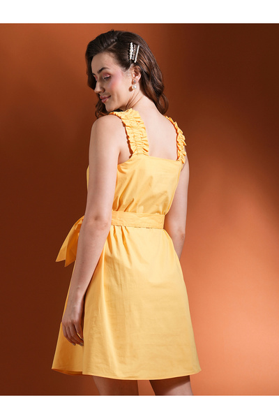 Globus By Styli Women Yellow Solid Square Neck Belted Mini A-Line Dress with Ruched Detail