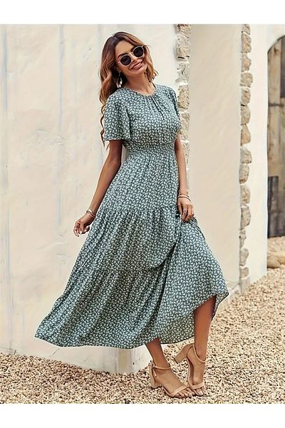 Take Two By Styli All-Over Print Round Neck Midi Dress