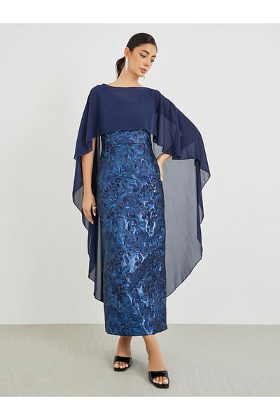 Styli Jacquard Chiffon Cape Sleeve Cape Maxi Dress