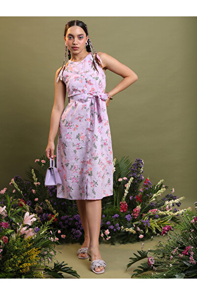 Vishudh By Styli Floral Printed Halter Neck A-Line Midi Dress with Belt