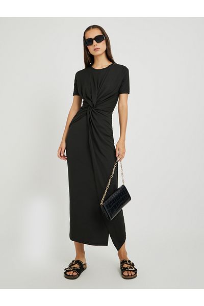 Styli Solid Round Neck Front Twist Detail Midi Dress