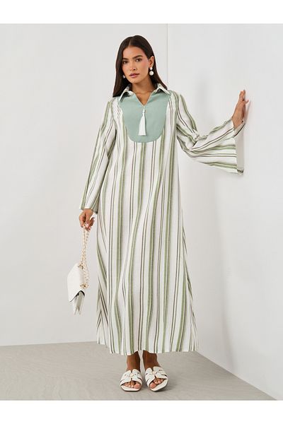 Keenly By Styli Striped Tassel Detail Long Sleeve Jalabiya