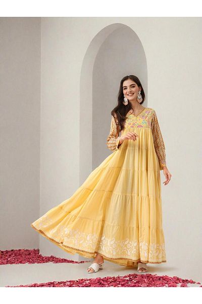 Ishin By Styli Women Yellow Printed V Neck Tiered Maxi Dress